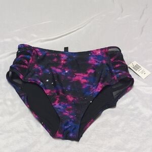 Hot Topic High Waist Galaxy Swim Bottoms With Cross Cross And Mesh Colorful Rave